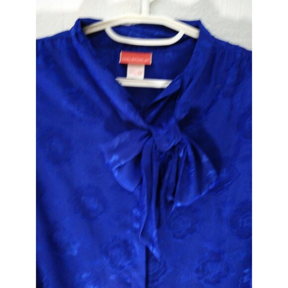 Vtg Halston III Womens 12 Blouse Secretary Bow Neck Blue Floral Semi Sheer - Picture 2 of 13